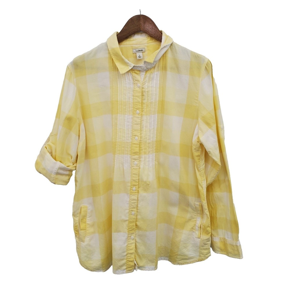 L.L.Bean Womens L Yellow Plaid Cotton Button Front Roll Tab Sleeve Shirt Pockets
